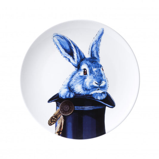 HEINEN DELFTS BLAUW WALL PLATE, RABBIT OUT OF A HAT, KONIJN UIT HOED, 26cm.