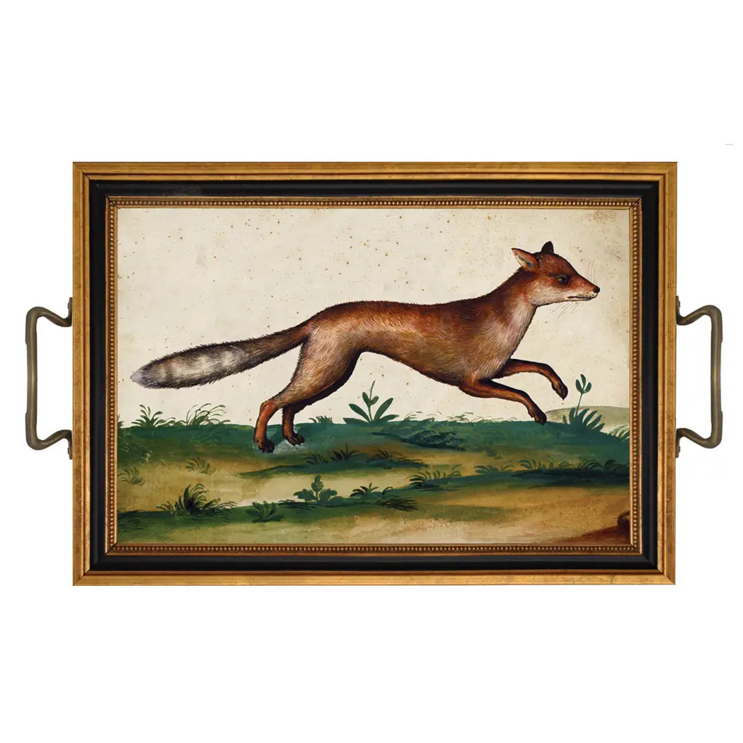 RUNNING FOX TRAY WITH BRASS HANDLES, 31 x 21cm.