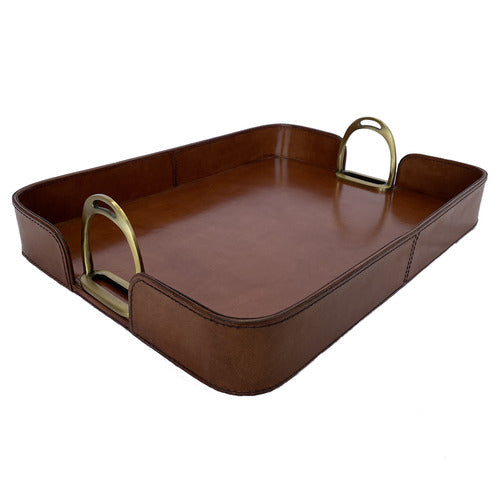 EQUESTRIAN STIRRUP TRAY, HAND CRAFTED IN DARK TAN LEATHER, 31 x 42cm.