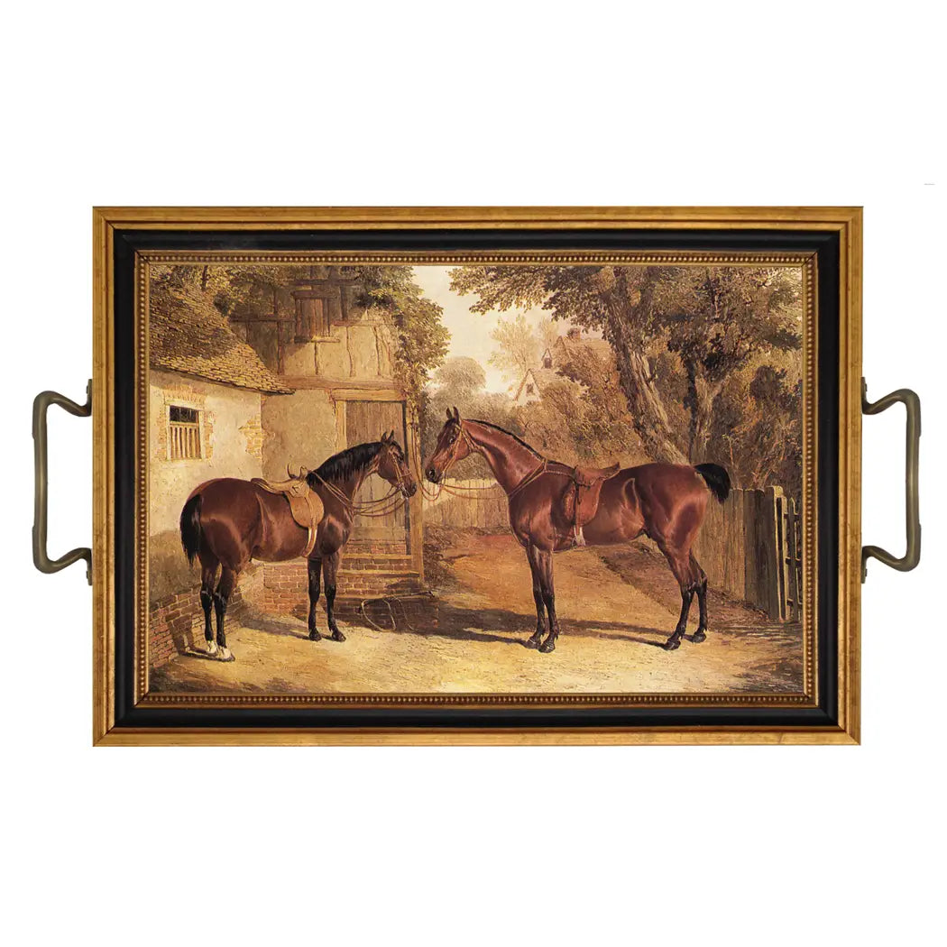 SADDLED HORSE TRAY WITH BRASS HANDLES, 31 x 21cm.