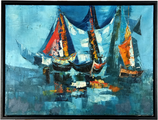 SAILING BOATS, MID-CENTURY OIL ON BOARD, CIRCA 1960, IMAGE 59 x 45cm, CUSTOM MADE FRAME 63 x 47cm.