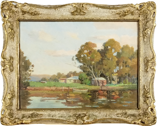 SIR ERIC LANGER (1898-1982) OIL ON BOARD, HOMESTEAD ON THE CENTRAL RIVERS, ORIGINAL FRAME, IMAGE 40 x 29cm, 50 x 39cm.