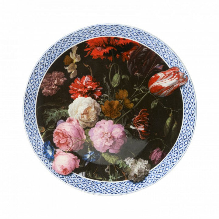 HEINEN DELFTS BLAUW WALL PLATE, STILL LIFE FLOWERS, 31.5cm.