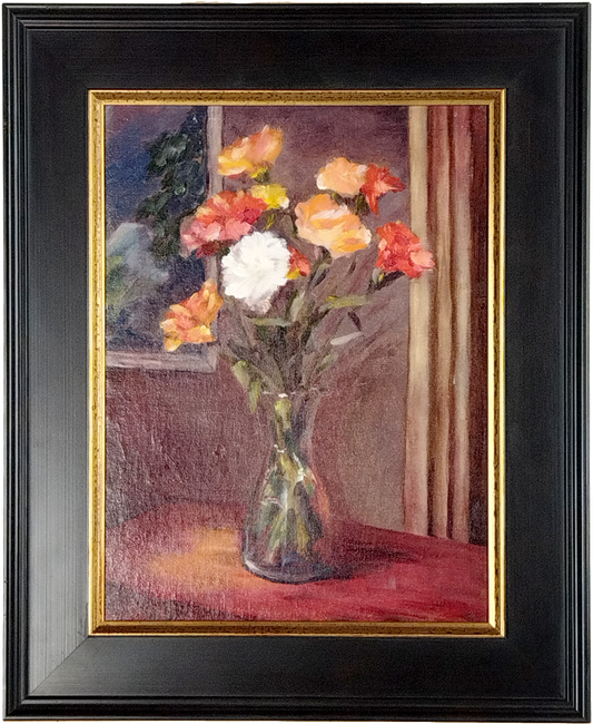 STILL LIFE WITH CARNATION, OIL ON BOARD, 29 x 39cm, CUSTOM MADE FRAME 44 x 54cm.