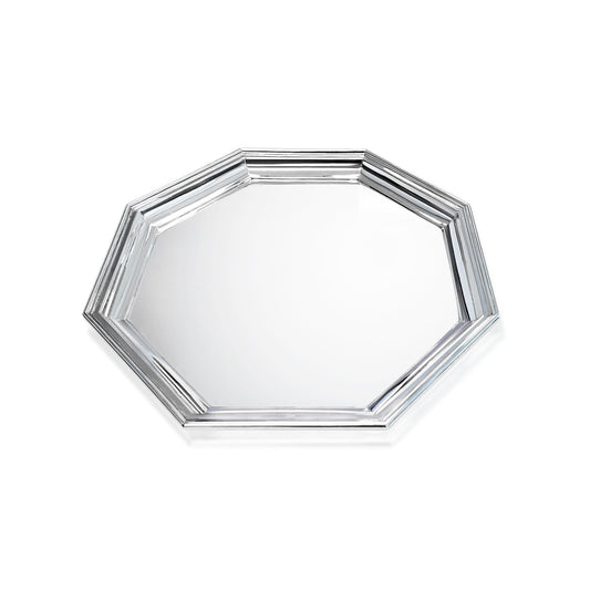 AN OCTAGONAL STRACHAN SILVERV PLATED TRAY, 34cm.