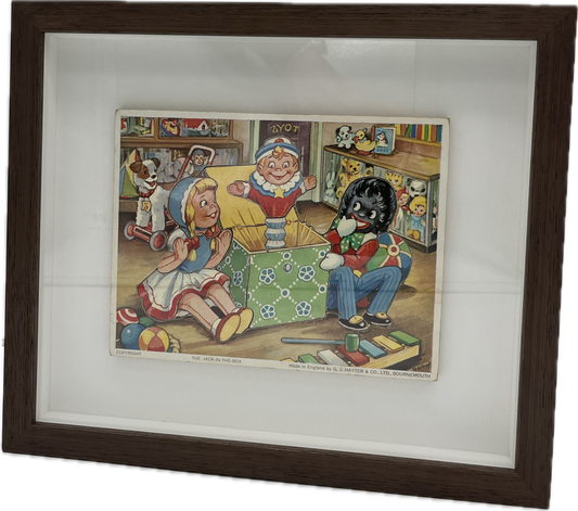 FRAMED JACK IN THE BOX WOODEN PUZZLE, FRAME 34  x 30cm.