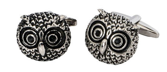 OWL CUFFLINKS, BLACKENED SILVER METAL, PROPELLER BACKS.