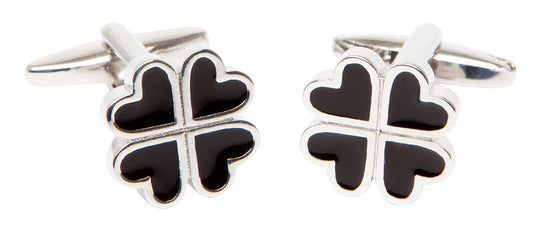 LUCKY FOUR LEAF CLOVER CUFFLINKS, BLACK ENAMEL WITH SWIVEL FITTINGS.