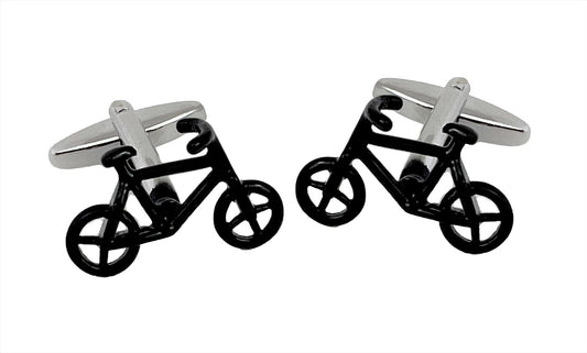 ENAMEL BLACK BICYCLE CUFFLINKS, SWIVEL BACKS, WITH BOX.