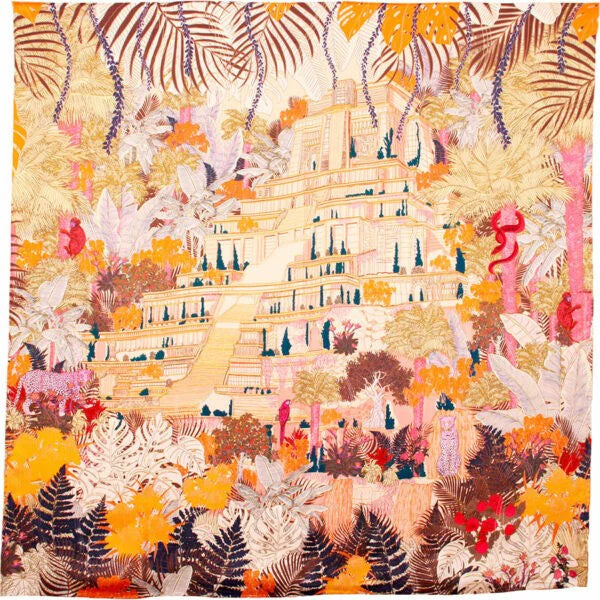 MAISON FANLI, TROPICAL TEMPLE MULTICOLOUR, SILK AND WOOL SCARF, 110cm SQUARE.