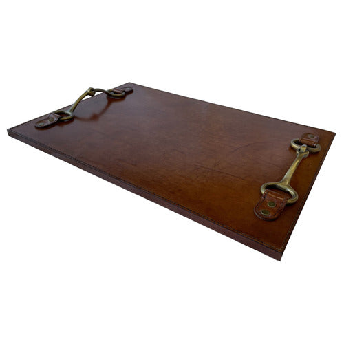 EQUESTRIAN HORSE BIT TRAY, HAND CRAFTED IN DARK TAN LEATHER, 48 x 33cm.