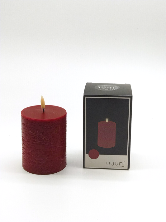 UYUNI REAL WAX FLAMELESS PILLAR CANDLE, CARMINE RED, 7.8 x 10.1cm.