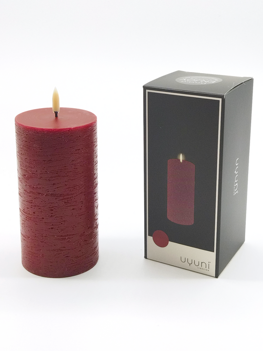 UYUNI REAL WAX FLAMELESS PILLAR CANDLE, CARMINE RED, 7.8 x 15.2cm.