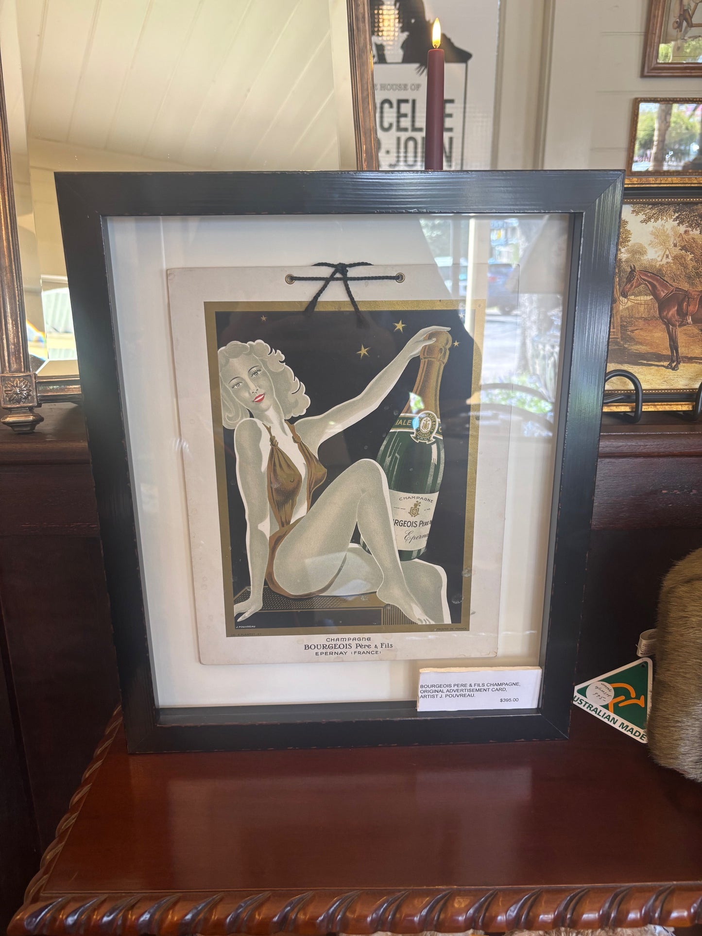 BOURGEOIS PERE & FILS CHAMPAGNE, ORIGINAL ADVERTISEMENT CARD, ARTIST J. POUVREAU, 24 x 31cm, CUSTOM MADE FRAME 36 x 42cm.