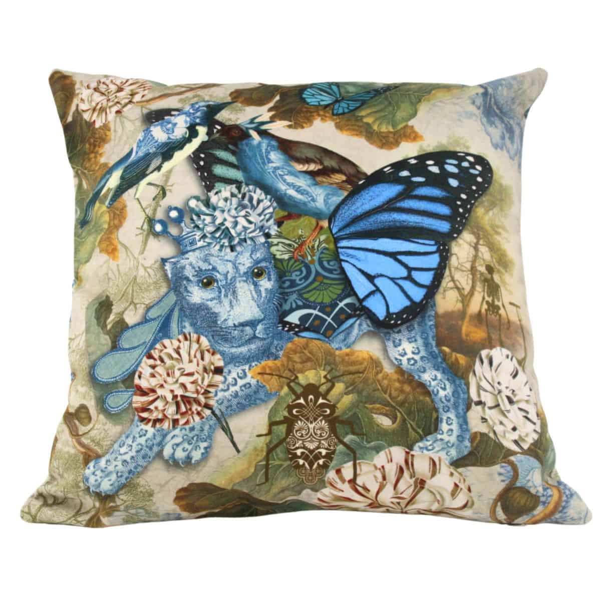 ISABELLE FRIOUX COLLECTION, BLUE LEOPARD VELOUR VELOUR CUSHION, MADE IN FRANCE, 40cm SQUARE.