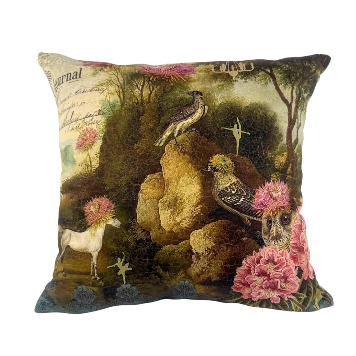 ISABELLE FRIOUX COLLECTION, 'LIVING GARDEN WITH OWLS, HORSE & BIRDS' VELOUR CUSHION, MADE IN FRANCE, 40cm SQUARE.