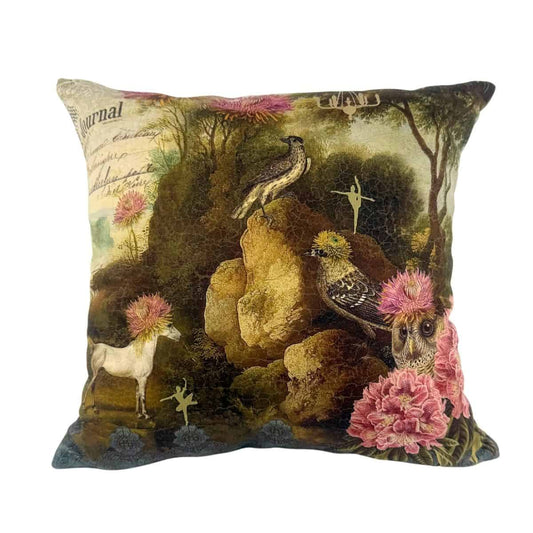 ISABELLE FRIOUX COLLECTION, 'LIVING GARDEN WITH OWLS, HORSE & BIRDS' VELOUR CUSHION, MADE IN FRANCE, 40cm SQUARE.