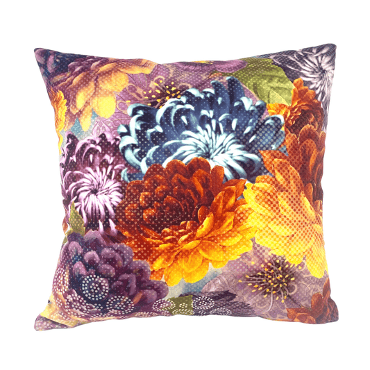 ISABELLE FRIOUX COLLECTION, 'DAHLIAS ORANGES'  VELOUR CUSHION, MADE IN FRANCE, 40cm SQUARE.