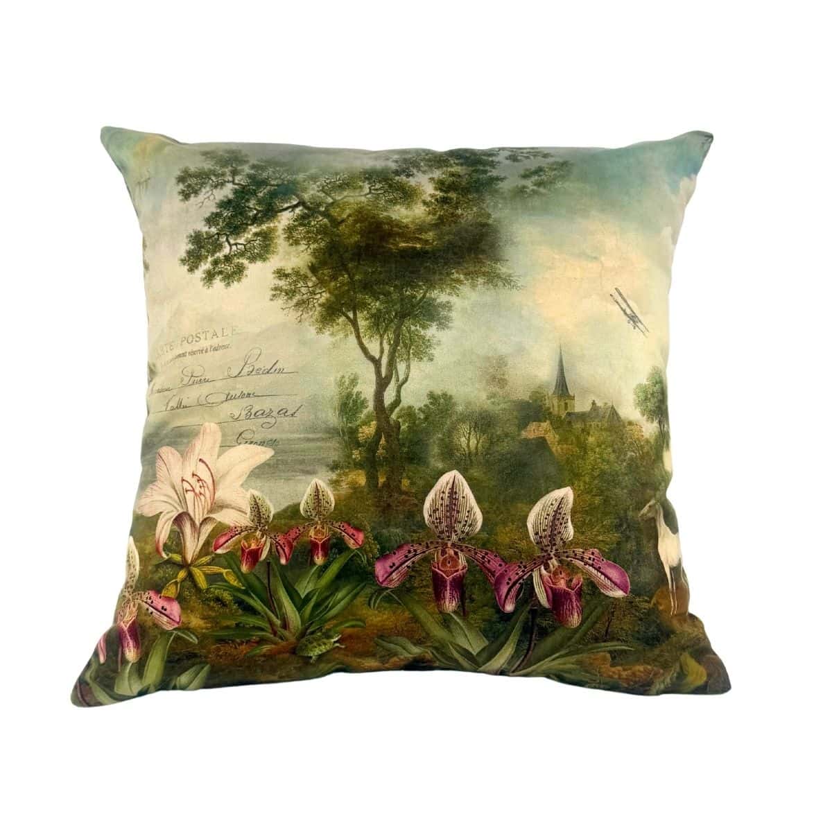 ISABELLE FRIOUX COLLECTION, 'ORCHID GARDEN' VELOUR CUSHION, MADE IN FRANCE, 40cm SQUARE.