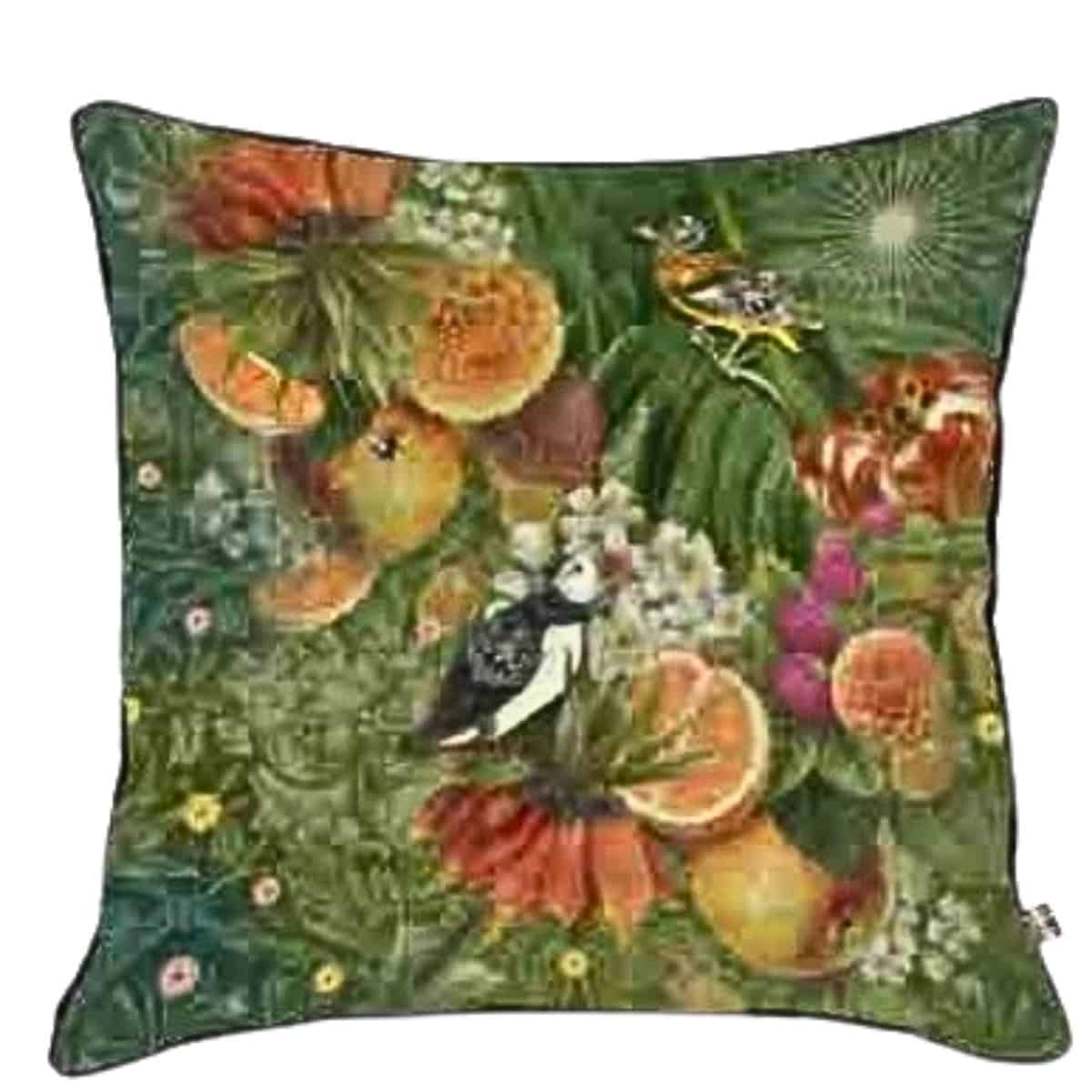 ISABELLE FRIOUX COLLECTION, 'BIRD & ORANGES'  VELOUR CUSHION, MADE IN FRANCE, 40cm SQUARE.