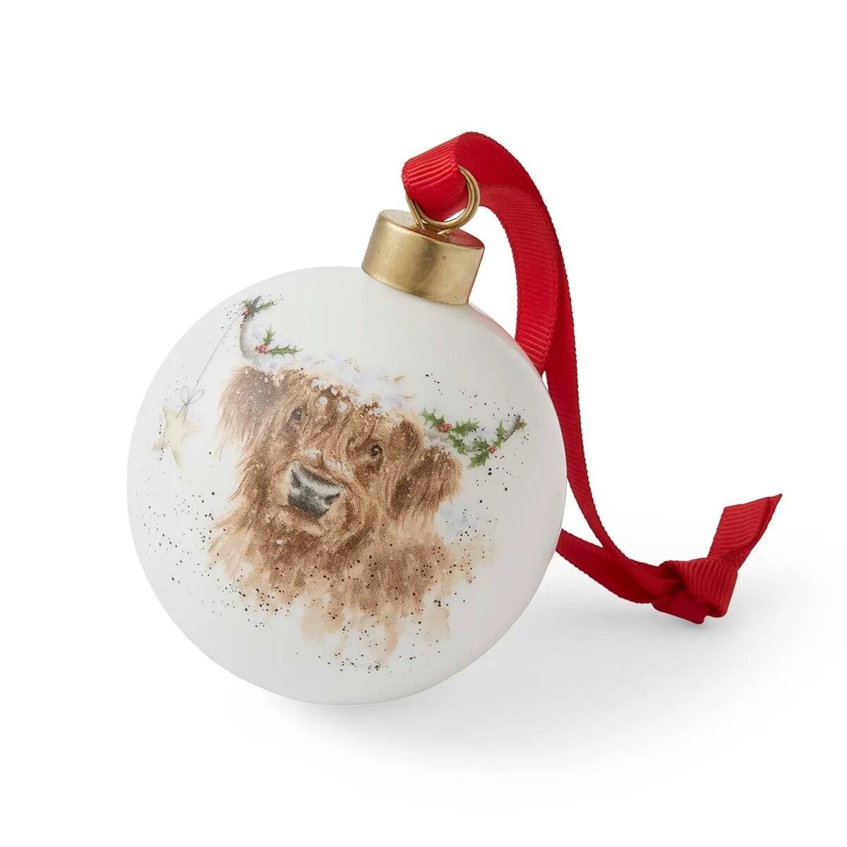 ROYAL WORCESTER, WRENDALE 'HIGHLAND COW' CHRISTMAS BAUBLE, 9cm, WITH BOX.