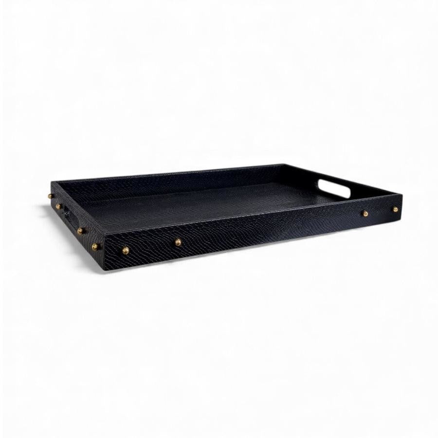LARGE SERVING TRAY, BLACK CROCODILE PRINTED LEATHER WITH GOLD STUDDED DETAIL, 35 x 56 x 5cm.