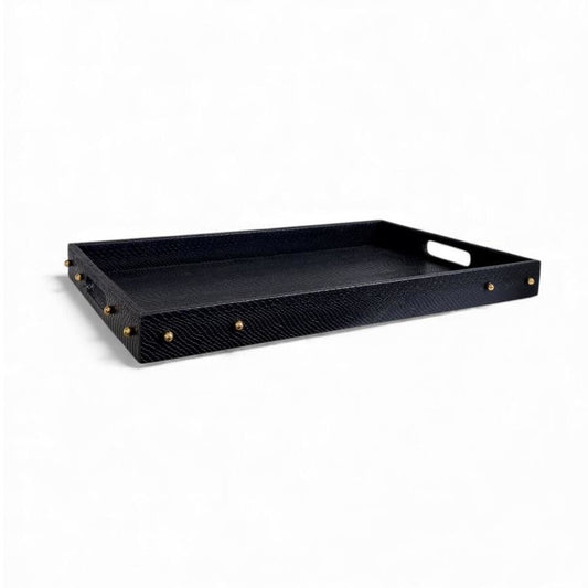 LARGE SERVING TRAY, BLACK CROCODILE PRINTED LEATHER WITH GOLD STUDDED DETAIL, 35 x 56 x 5cm.