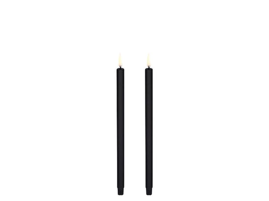 UYUNI REAL WAX FLAMELESS TAPER CANDLE, PAIR IN BLACK, 2.3 x 25.5cm. Batteries included.