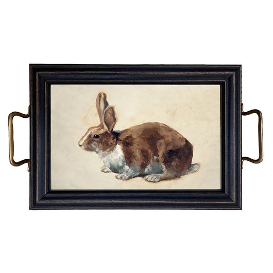 BUNNY RABBIT TRAY WITH WOODEN FRAME AND BRASS HANDLES, 32 x 23cm.