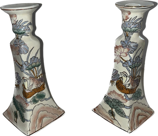 A PAIR OF CHIESE HAND PAINTED CANDLE HOLDERS WITH BIRD AND FLORAL DESIGN, HEIGHT 22cm.