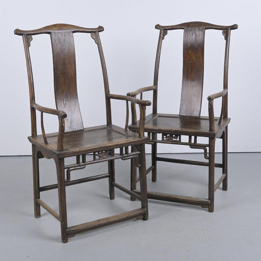 A PAIR OF 19th CENTURY CHINESE ELM ARMCHAIRS, H118 x W60 x D48cm.