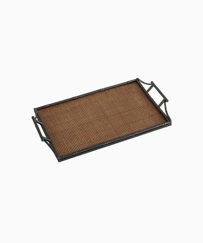 SERVING TRAY, BLACK METAL BAMBOO STYLE FRAME WITH RATTAN LINED BASE, 52.5cm L x30cm W x 5.5cm H.