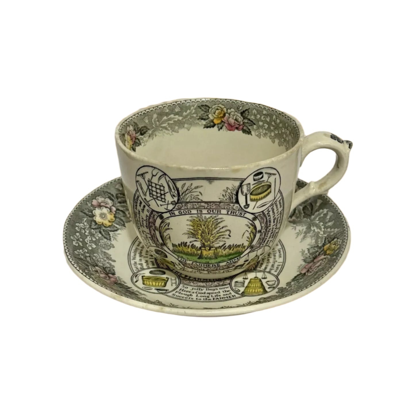 ADAMS, 'FARMERS ARMS' EARTHERNWARE BREAKFAST CUP & SAUCER, 'IN GOD WE TRUST' , STAFFORDSHIRE ENGLAND.