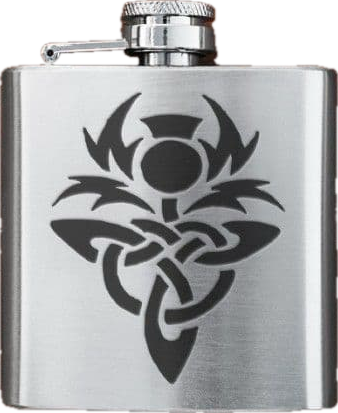 ARTBOF PEWTER, HIP FLASK WITH CELTIC THISTLE DESIGN, 90 x 95cm, MADE IN SCOTLAND, WITH BOX.