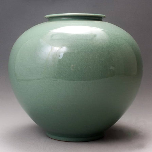 HANDMADE CELADON KOREAN CERAMIC MOONPOT WITH CRACKLED GLAZE, CIRCA 2000, 30 x 30cm.