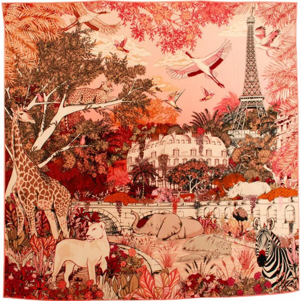 MAISON FANLI, WILD PARIS PINK SILK SCARF, 50cm SQUARE.