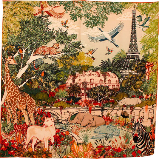 MAISON FANLI, WILD PARIS GREEN SILK SCARF, 90cm SQUARE.