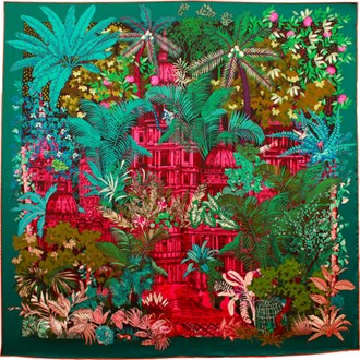 MAISON FANLI, 'FORGOTTEN TEMPLE GREEN' SILK SQUARE SCARF, 50cm SQUARE.