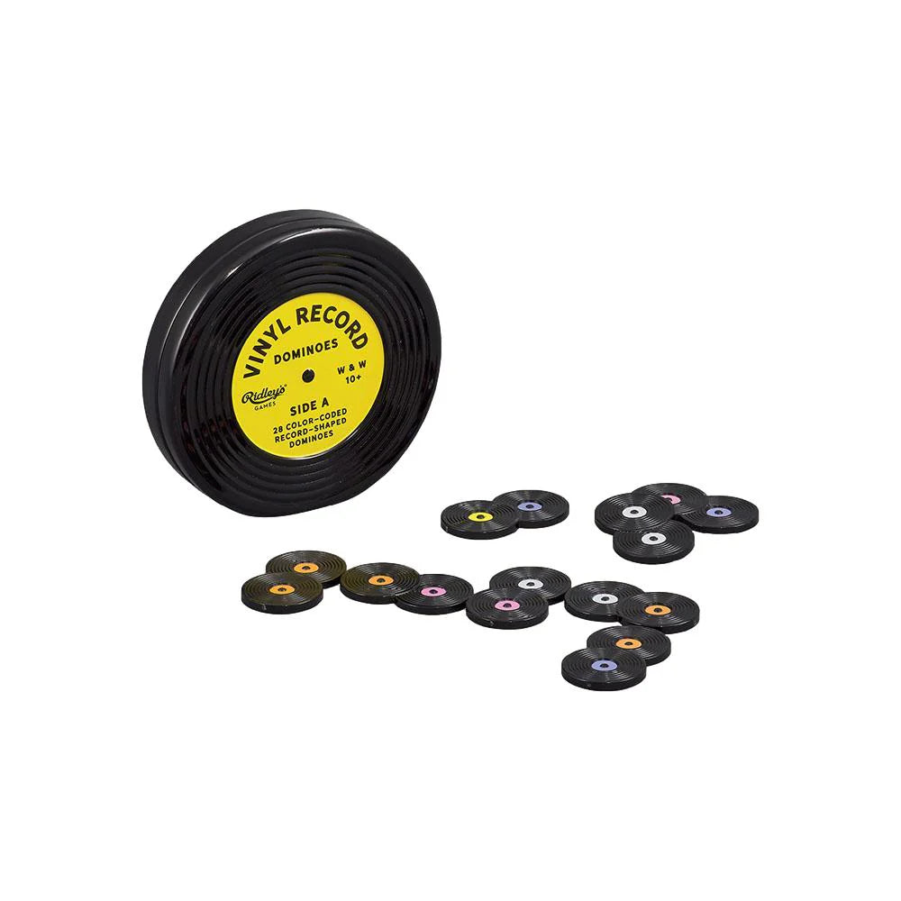 VINYL RECORD DOMINOS, RIDLEY'S GAMES, 28 COLOUR-CODED, RECORD-SHAPED DOMINOS