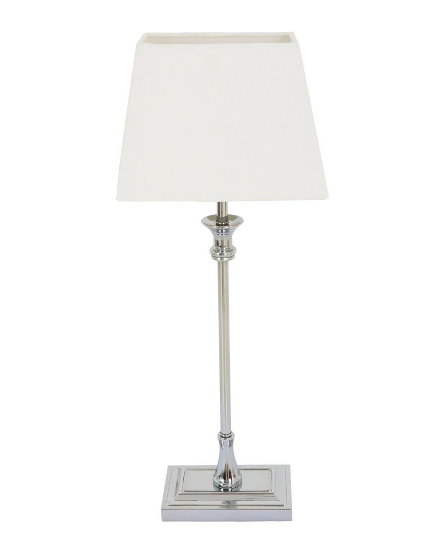 CHROME TABLE LAMP, RECTANGULAR BASE AND WHITE FABRIC SHADE, HEIGHT 55cm, WIDTH 22cm, DEPTH 14cm.