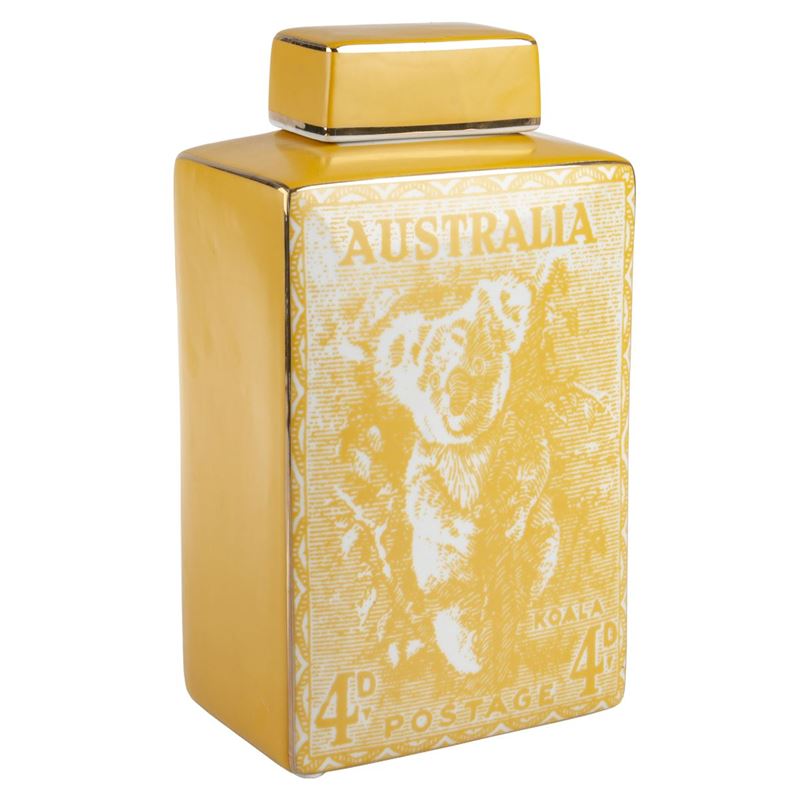 AUSTRALIAN STAMP COLLECTION LIDDED JAR, YELLOW KOALA MOTIF, HEIGHT 28cm.